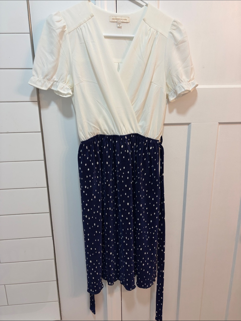 Monteau Two-Tone Polka Dot Wrap Dress — Ivory Top Navy Skirt - Size M